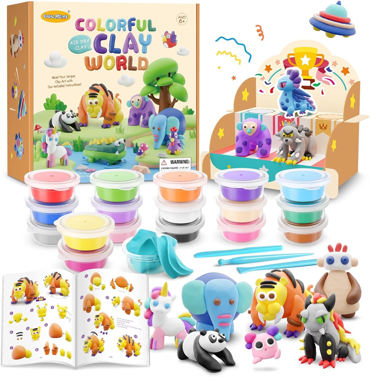 Air Dry Clay Kit for Kids - Comes with Instructional Guide Featuring 4 Scenes & 26 Projects Tutorials, 18 Cans of Modeling Clay, Includes Display Stand, Gift for Girls and Boys